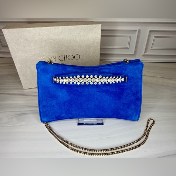 Jimmy Choo Venus Electric Blue Suede Chain Wallet Clutch | Full Set | Like New - Picture 2 of 10